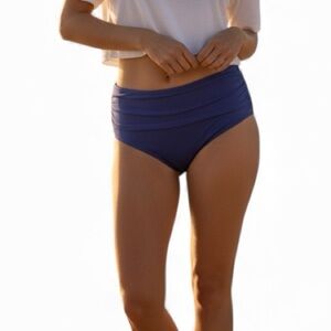 Tempt Me Tummy Control High Waisted Ruched Swim Bottom Bikini Navy Blue Sz S NWT